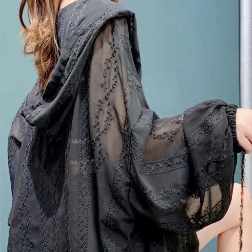 Cute black embroidered sheer cover up long sleeve with hood, S